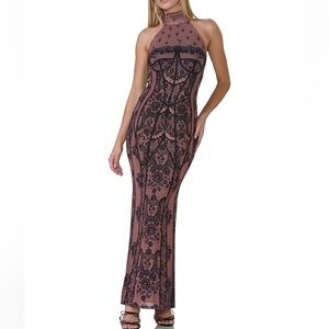 AFRM Cream and Brown Sequin Halter Maxi Dress